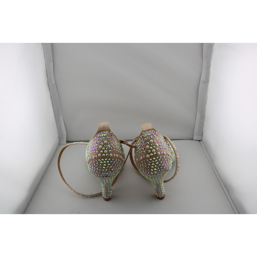 Women's Nude Satin Rhinestone Latin Dance Shoes Ballroom Salsa Strappy Heels - Picture 3 of 5
